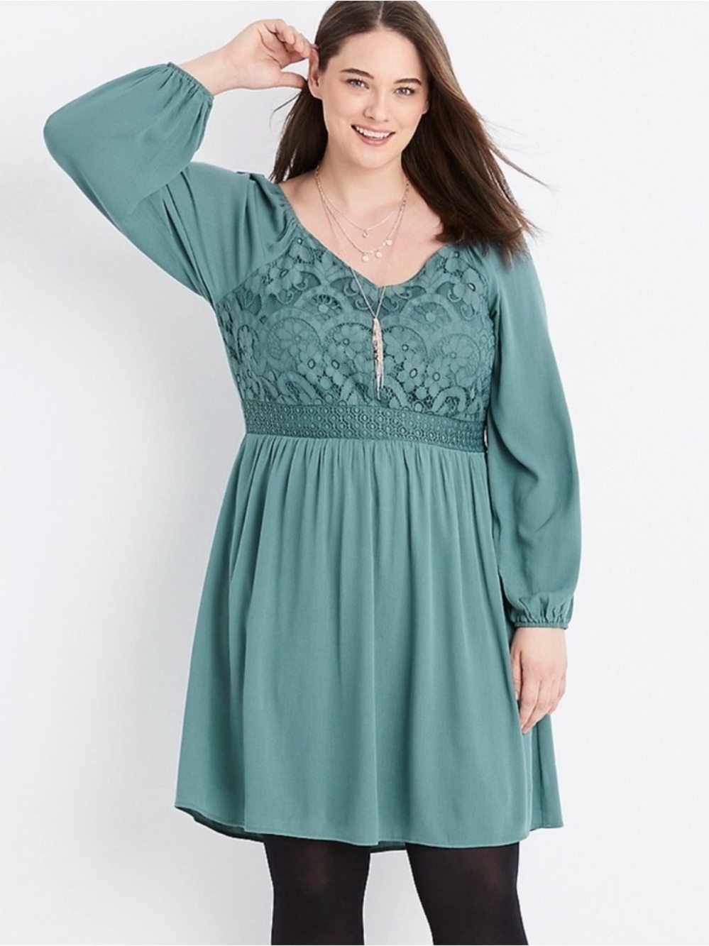 Maurices Teal Crochet Lace Long Sleeve Dress